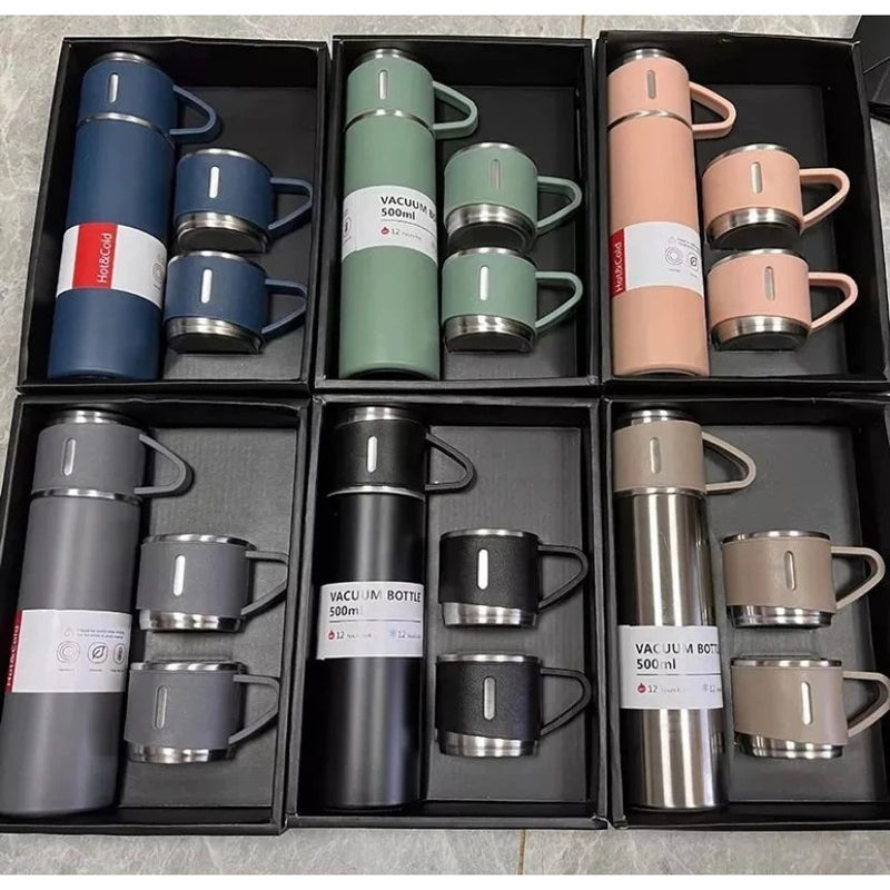 Kit Garrafa Térmica Vacuum Flask Set 500ml Com 3 Xícaras