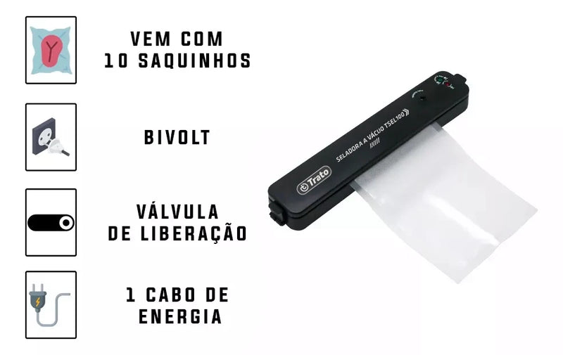 Seladora Vácuo Portátil Alimentos Domestica Preto 110V/220V + Sacos 10 sacos Grátis